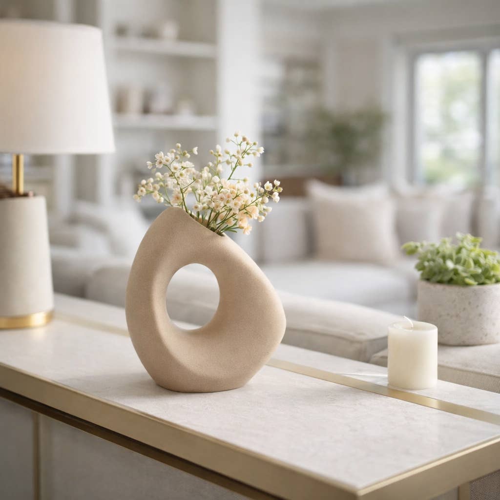 Tan 8 in. Ceramic Lopsided Open Cut-Out Vase Sand Texture