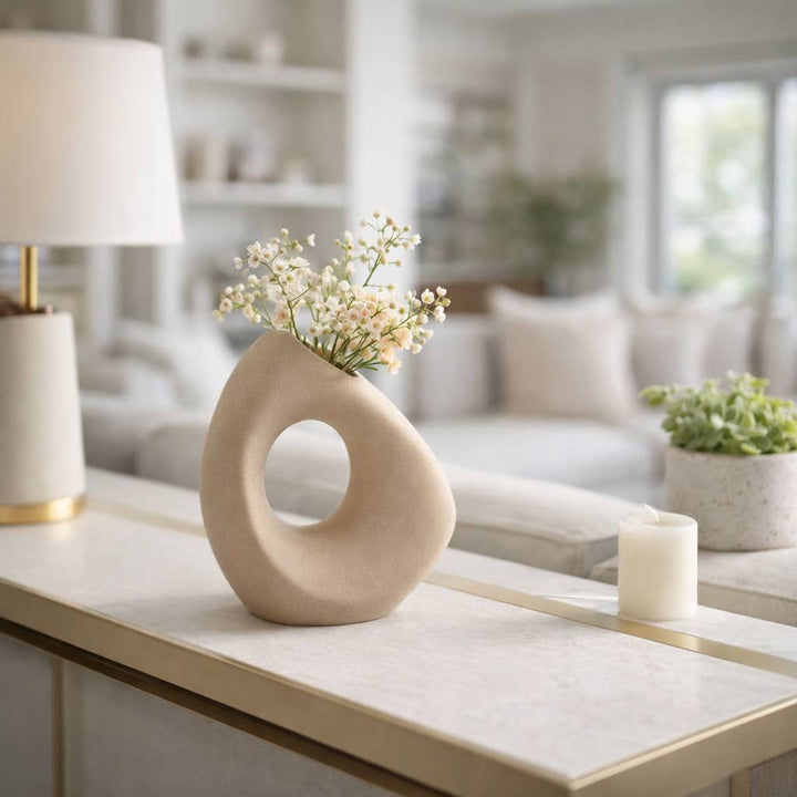 Tan 8 in. Ceramic Lopsided Open Cut-Out Vase Sand Texture