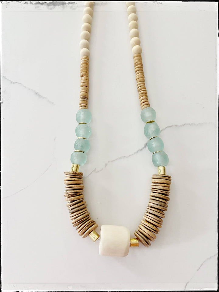 Tan Coconut Wood &amp; White African Bone Bead Necklace Glass