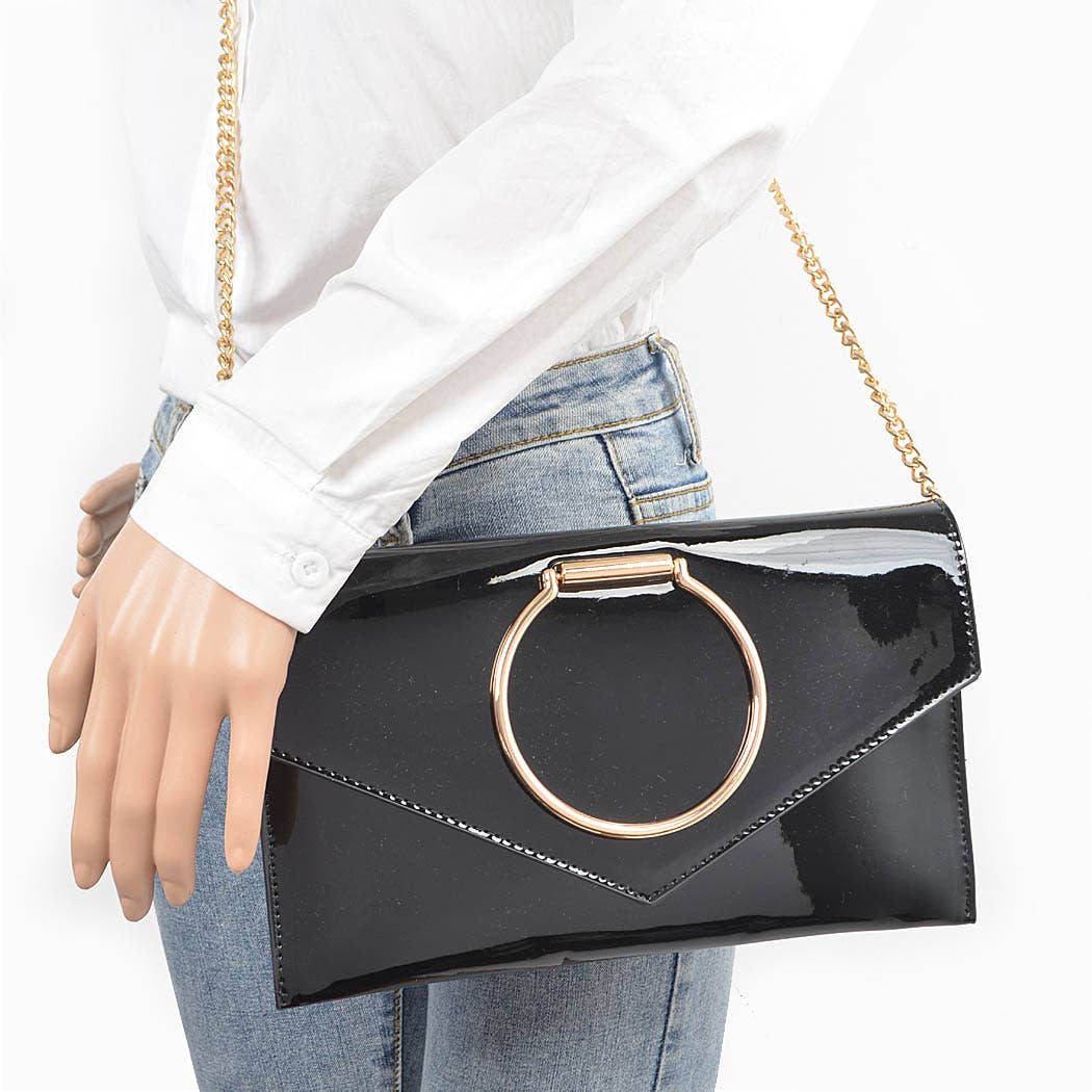 Enamel Faux Leather Metal Handle Flap Clutch