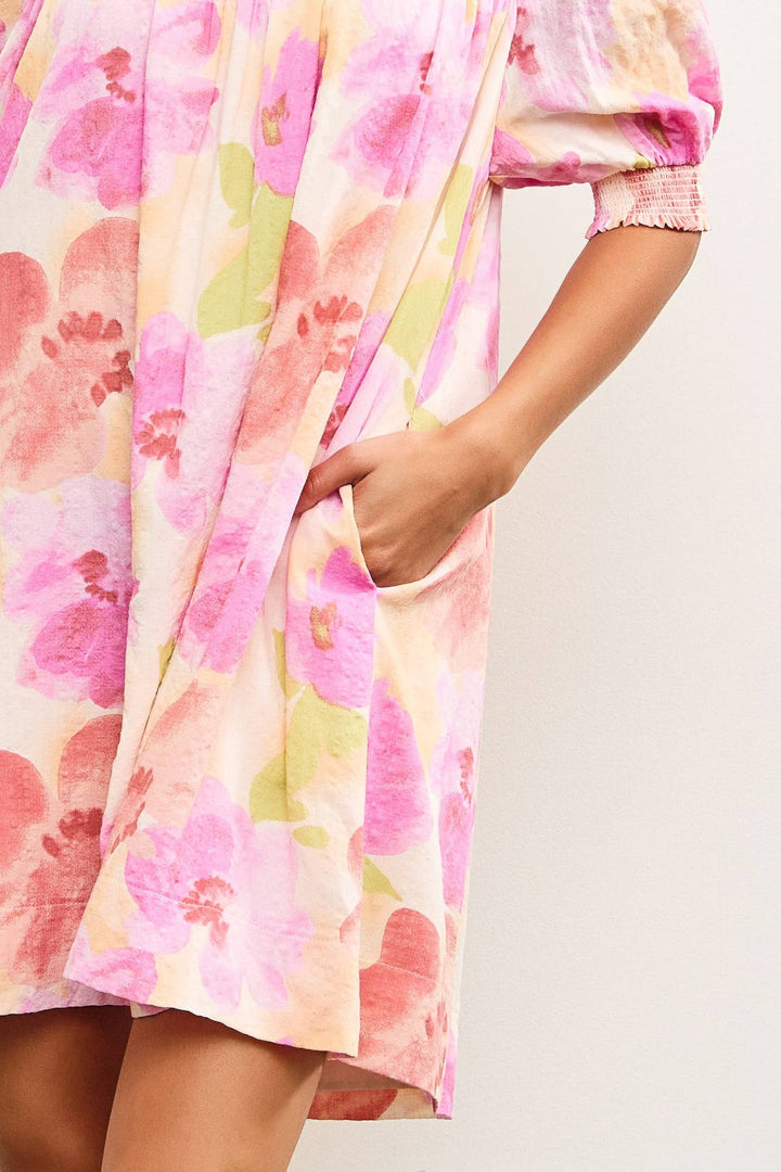 Pink Yellow Floral Off-Shoulder Floral Dress