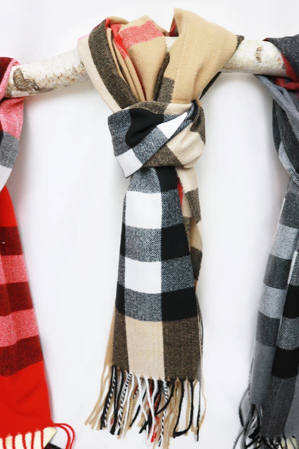 Camel Wool Plaid Cashmere Scarf With Tassel