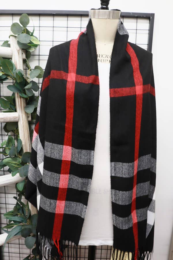 Camel Wool Plaid Cashmere Scarf With Tassel