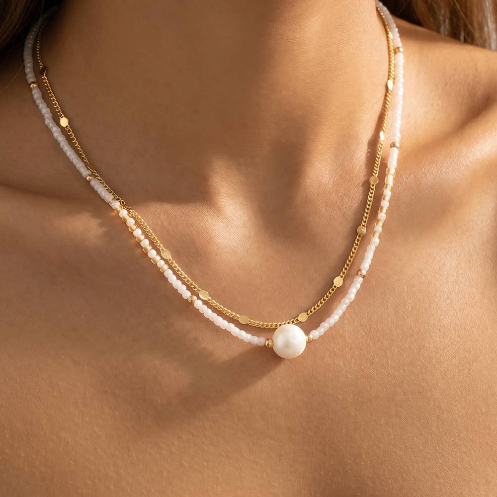 Double Strand Seed Bead And Pearl Station Necklace