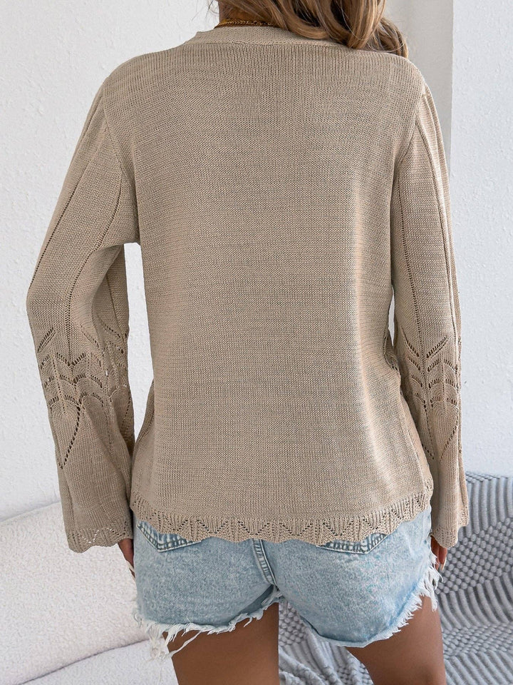 Crochet Tie Front Cardigan Bell Sleeve Knit Top