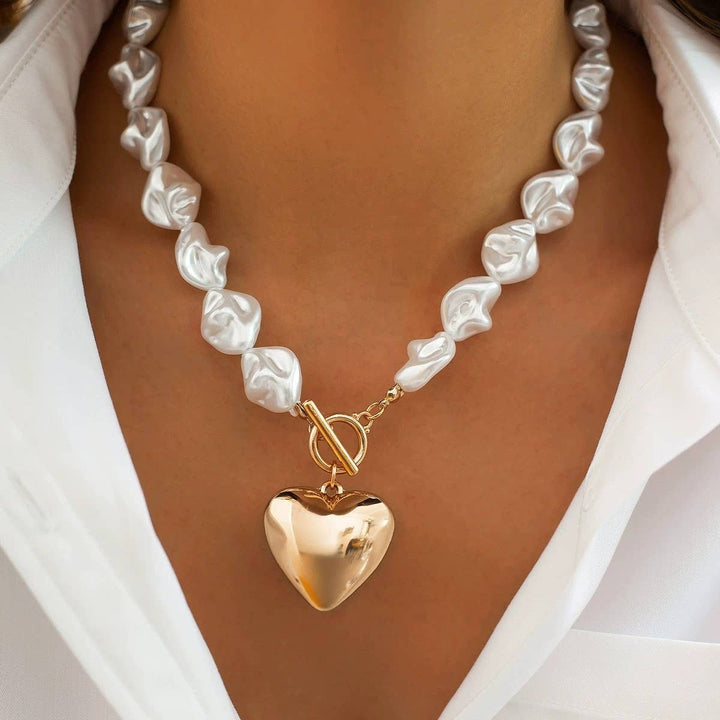 Faux Pearl Gold Heart Toggle Necklace