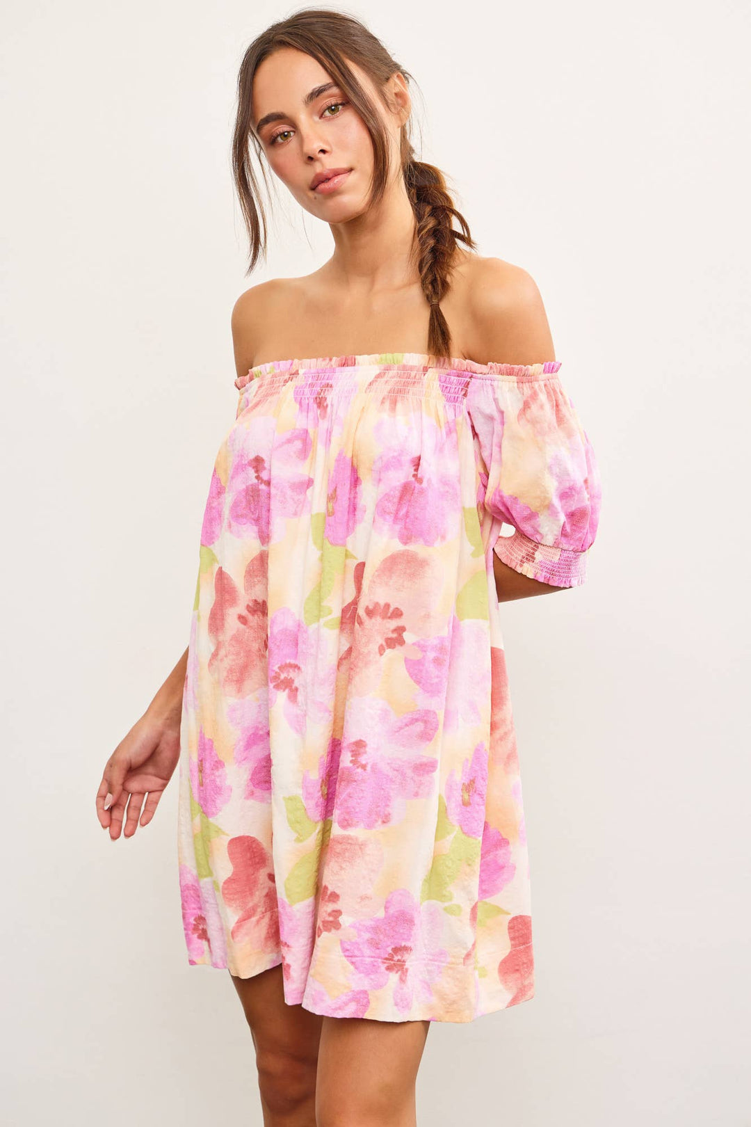 Pink Yellow Floral Off-Shoulder Floral Dress