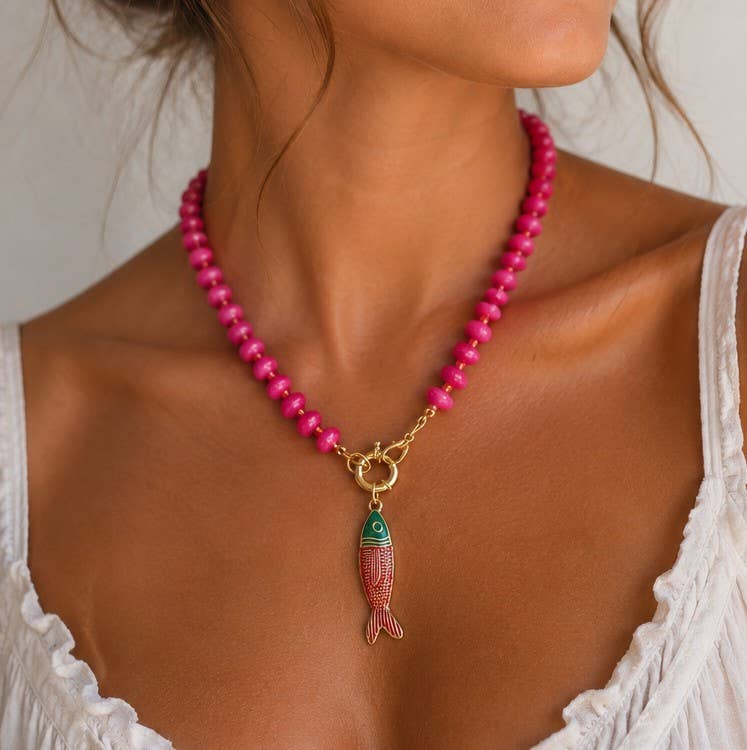 Orange Bead Necklace with Fish Charm