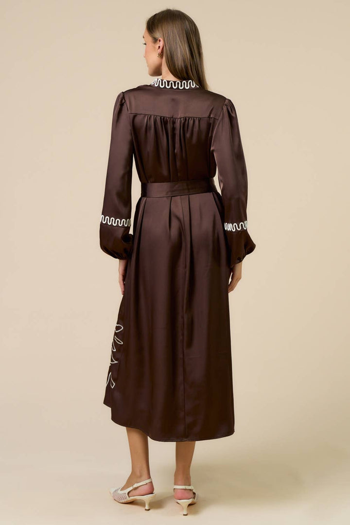 Brown Long Sleeve Embroidered Dress