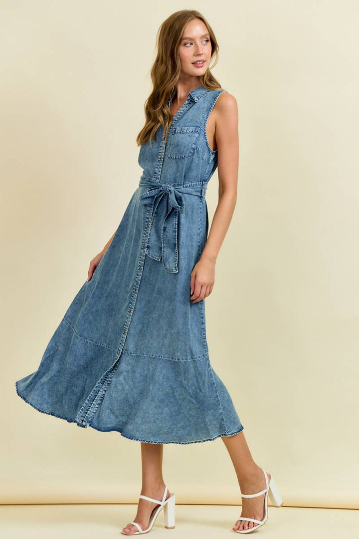 Denim Look Midi Dress with Tie Belt
