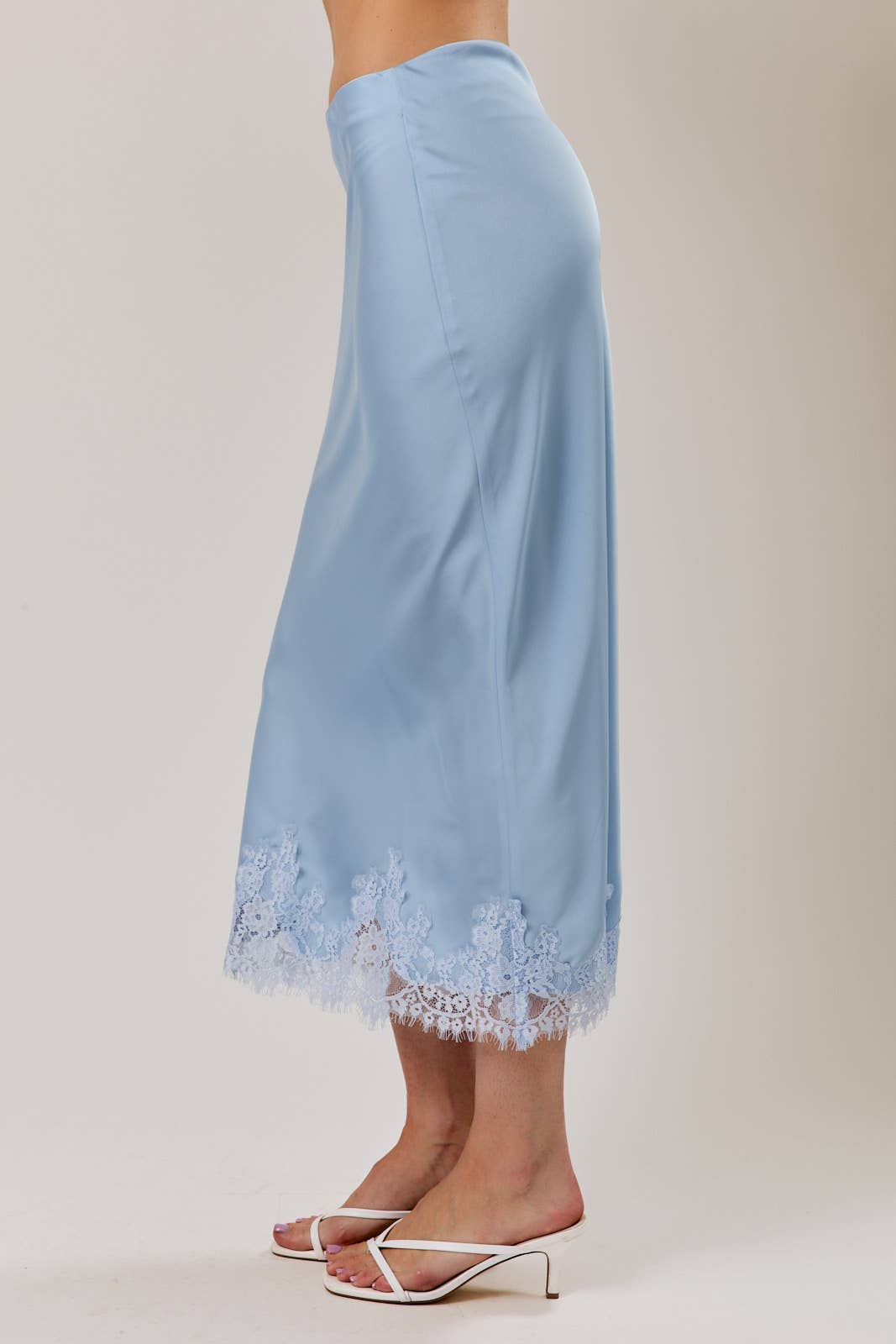 Sky Blue L ace Applique Satin Midi Skirt