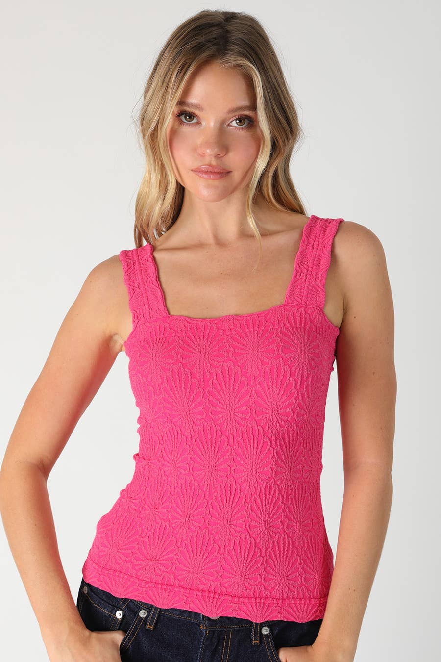 White Lace Textured Square Tank Top