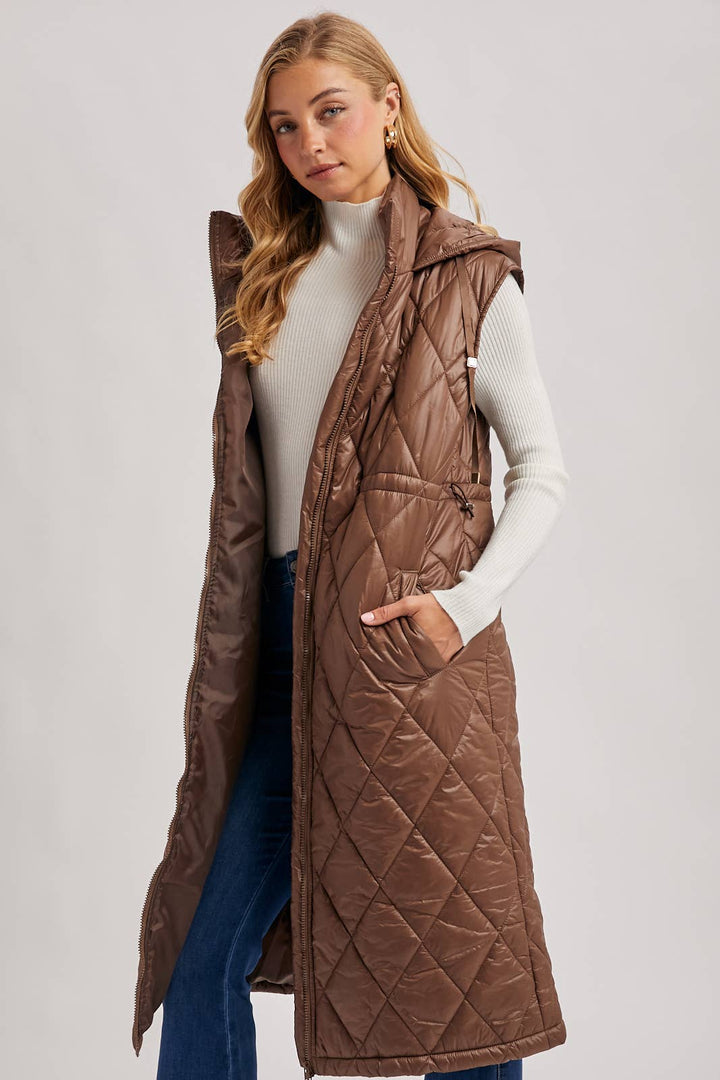 Quilt Puffer Long Hooded Vest