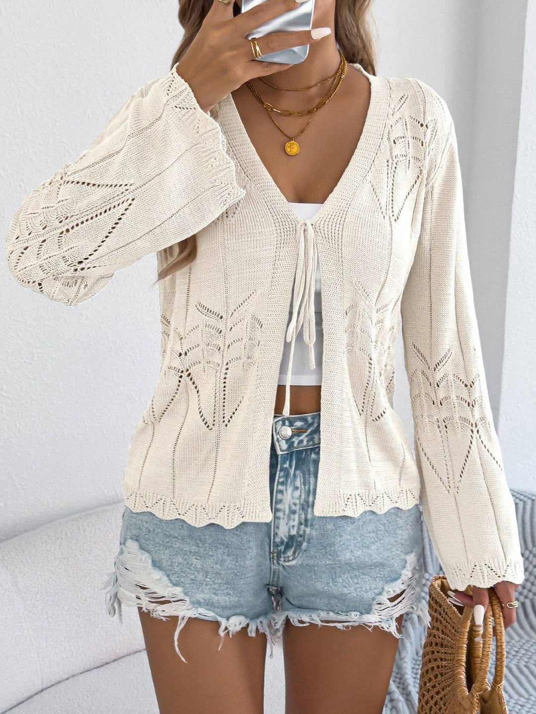 Crochet Tie Front Cardigan Bell Sleeve Knit Top