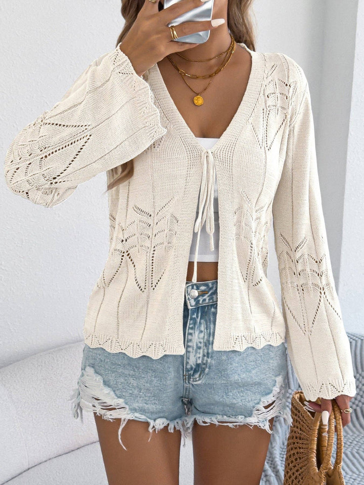 Crochet Tie Front Cardigan Bell Sleeve Knit Top