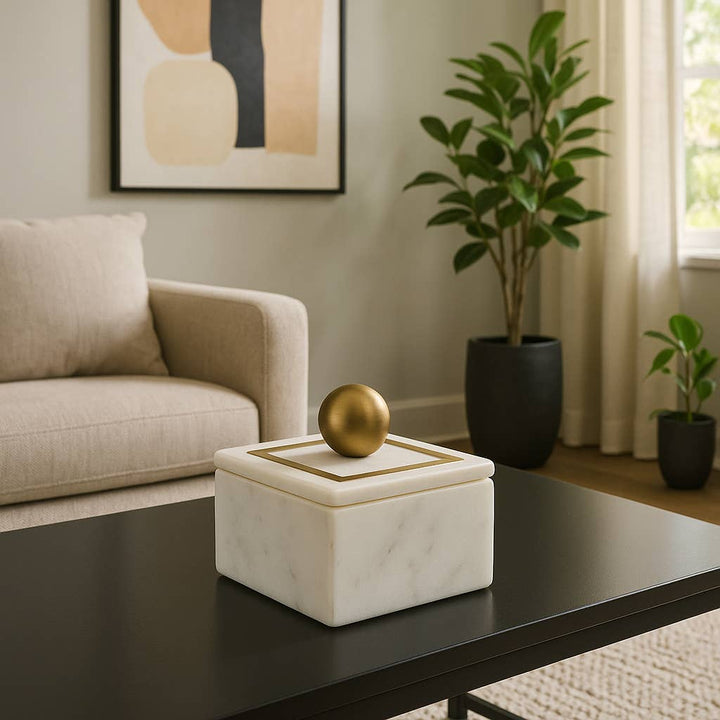 White Marble Modern 5" Storage Box with Removable Lid