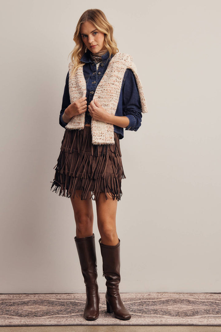 Tiered Fringe Stretch Suede Mini Skirt