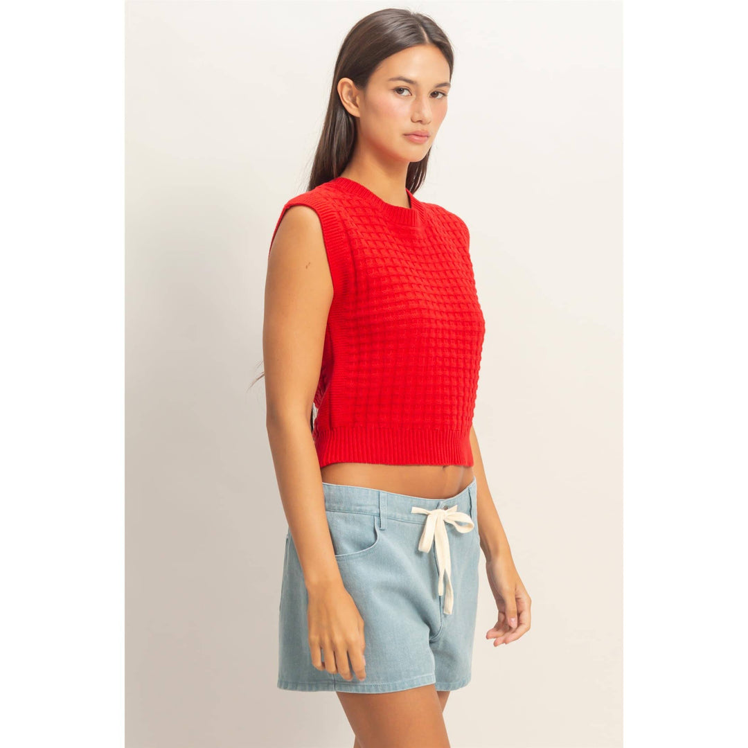 Red Textured Sleeveless Knit Top