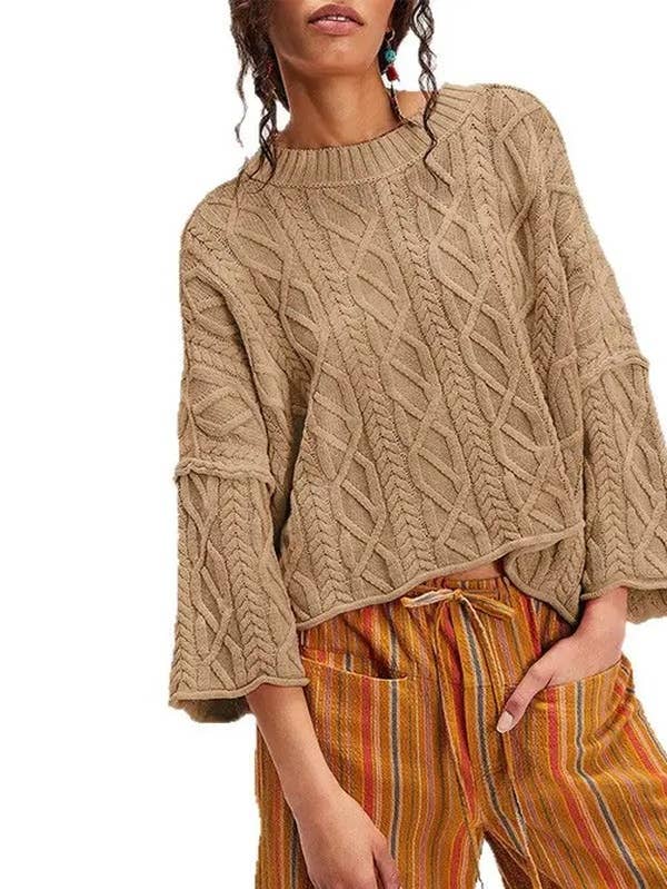Cropped Cable Knit Sweater with Bell Sleeves