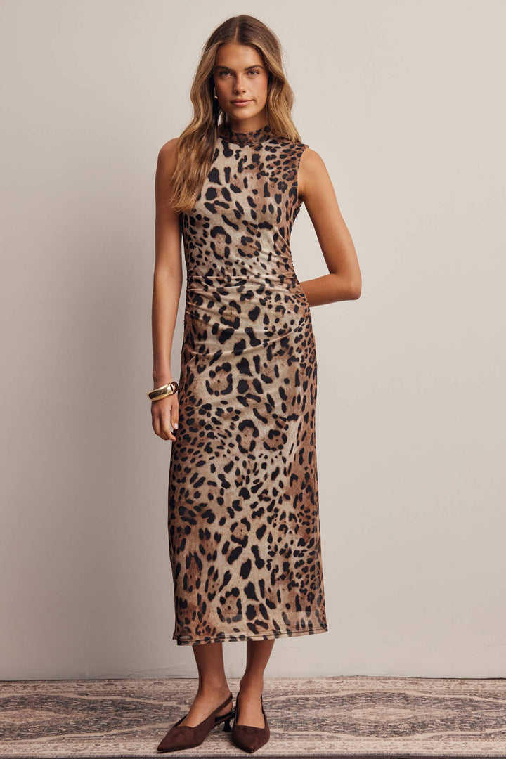 Leopard Print Power Mesh Midi Dress
