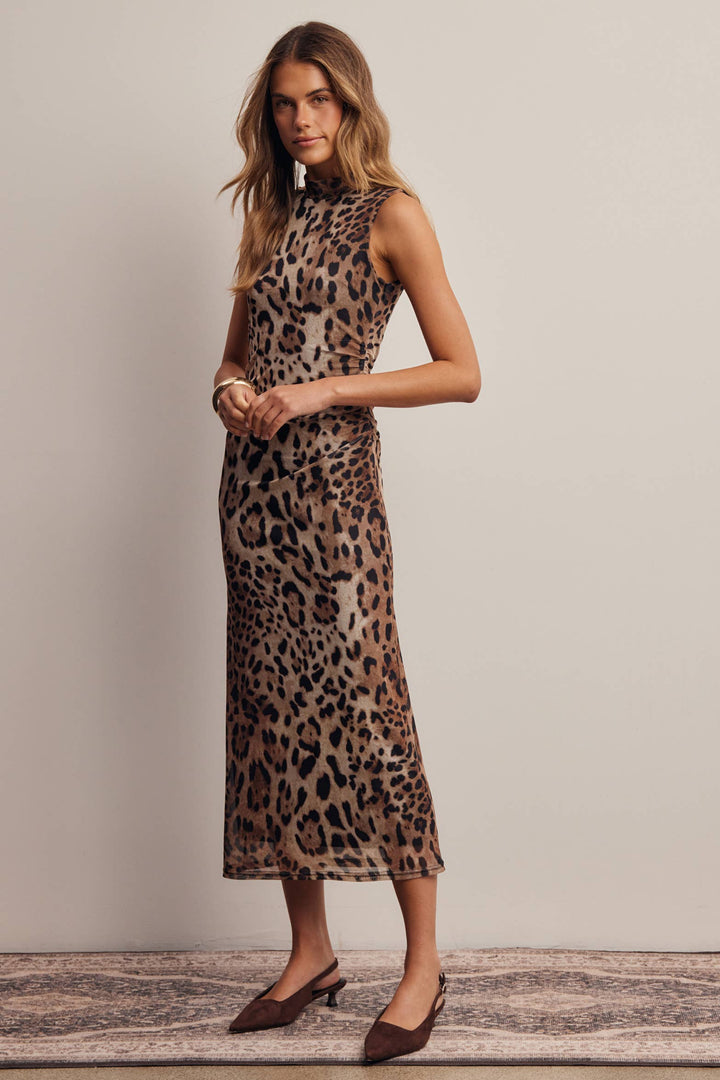 Leopard Print Power Mesh Midi Dress