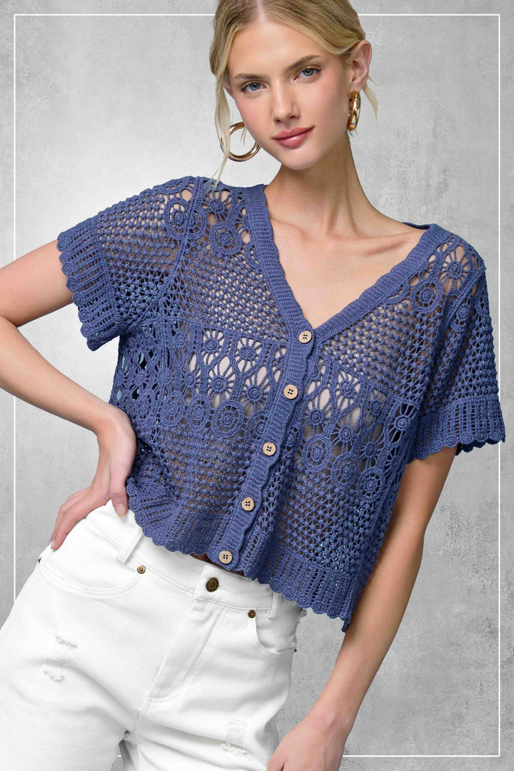 Crochet Scallop Edge Button Down Cardigan