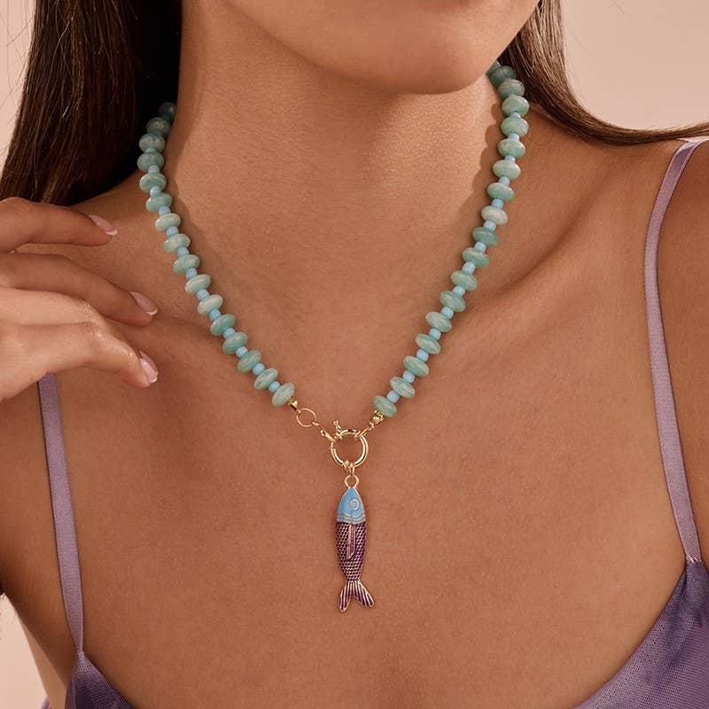 Orange Bead Necklace with Fish Charm