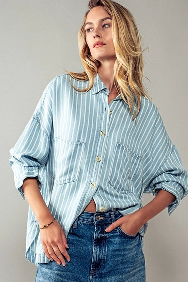 Blue &amp; White Striped Double Pocket Button Down Shirt