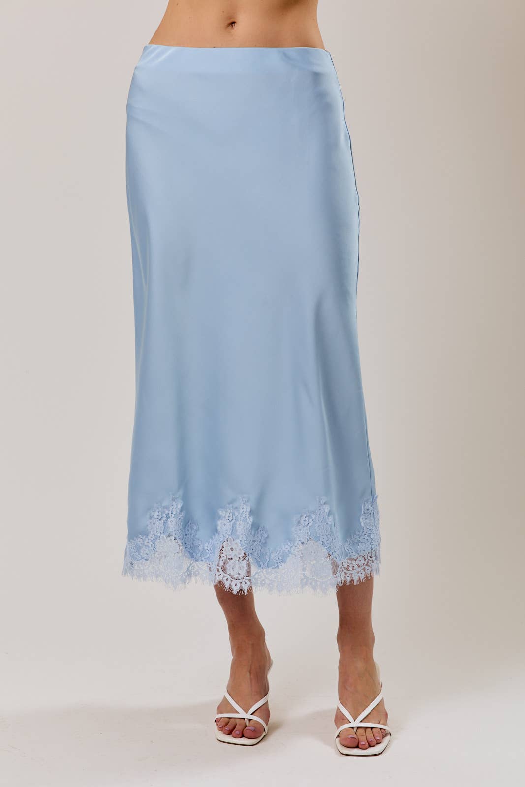 Sky Blue L ace Applique Satin Midi Skirt