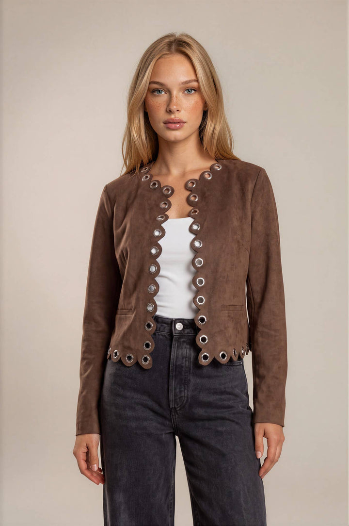 Chocolate Eyelet Detailed Suede Jacket
