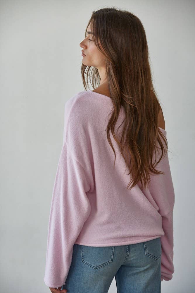 Pink Sweater Boat Neck Off Shoulder Top