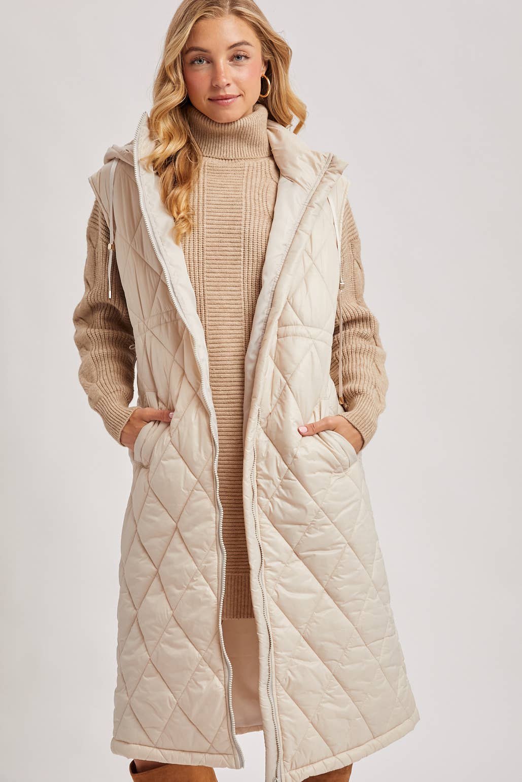 Quilt Puffer Long Hooded Vest