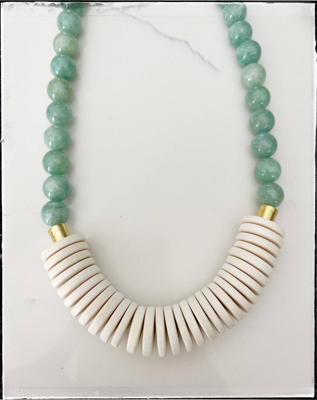 Gemstone Jade Bead Necklace Coconut Wood Mint Green