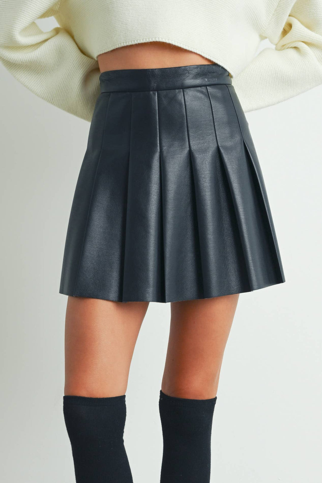 Solid Pleated Leather Mini Skirt