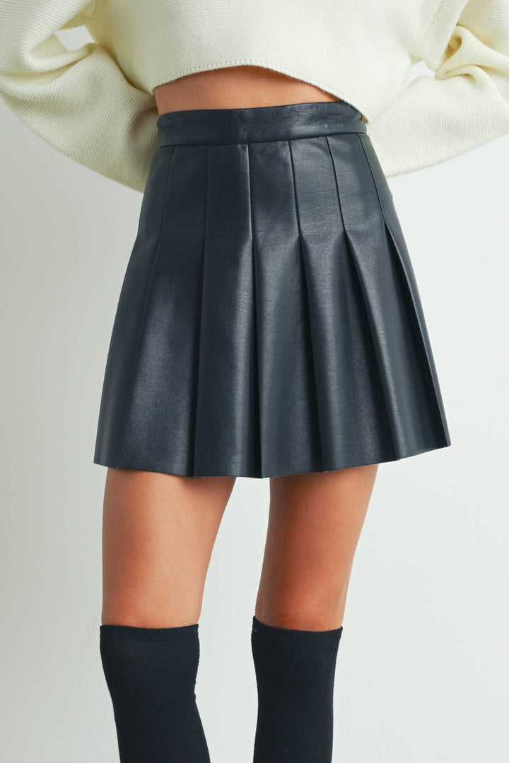 Solid Pleated Leather Mini Skirt