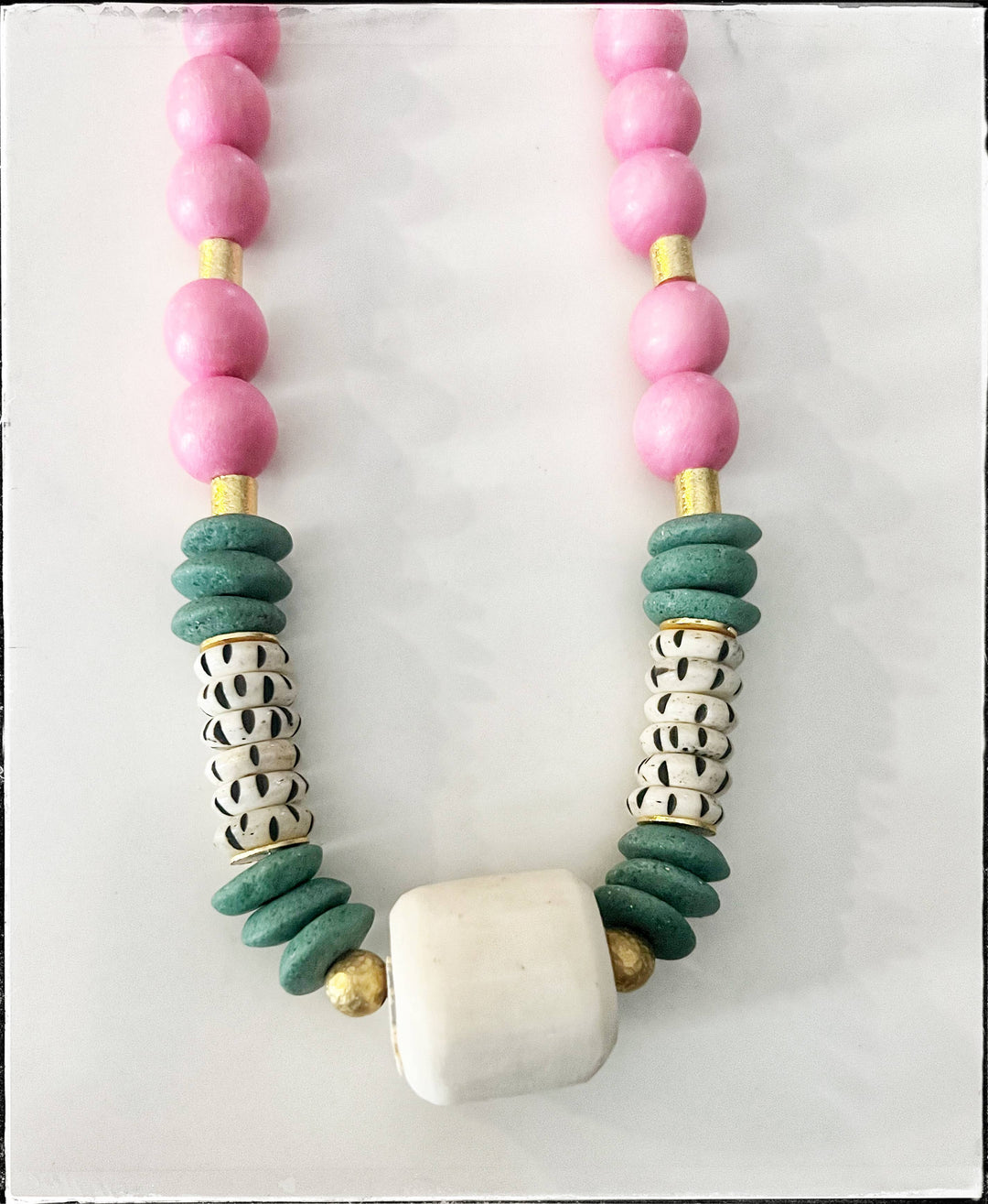 Pink Wood African Bone Bead Cylinder Pendant Necklace