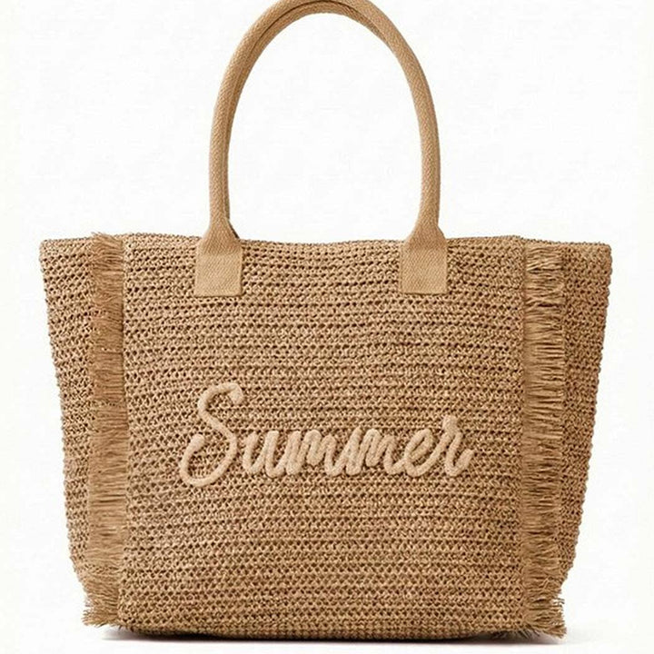 Woven Straw Fringe Tote With Summer Embroidery