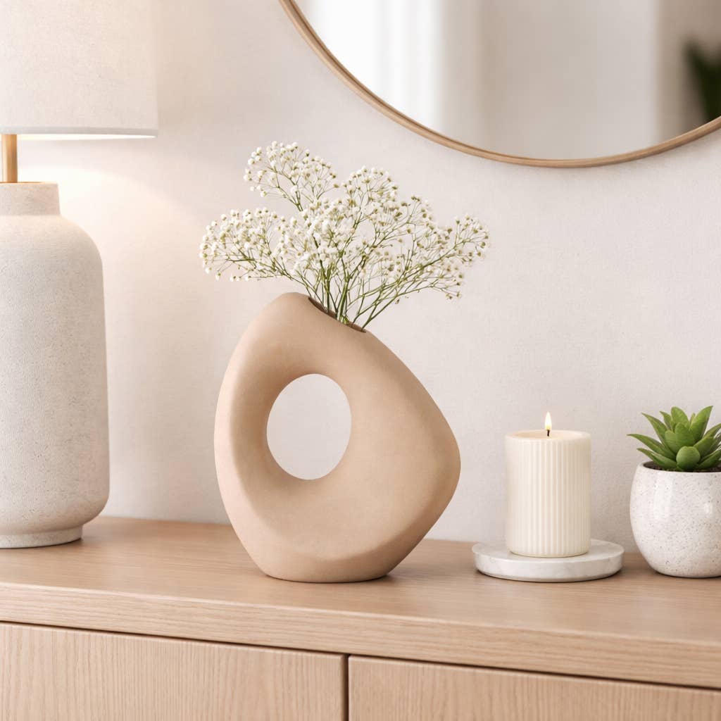 Tan 8 in. Ceramic Lopsided Open Cut-Out Vase Sand Texture