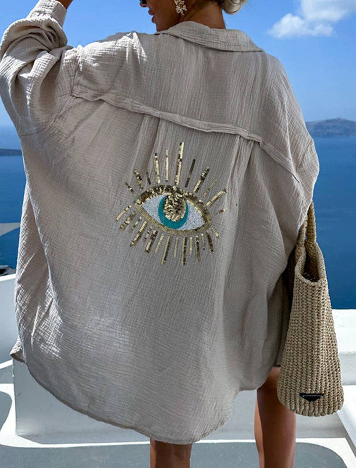 White Guaze Button-Down Coverup with Eye Design