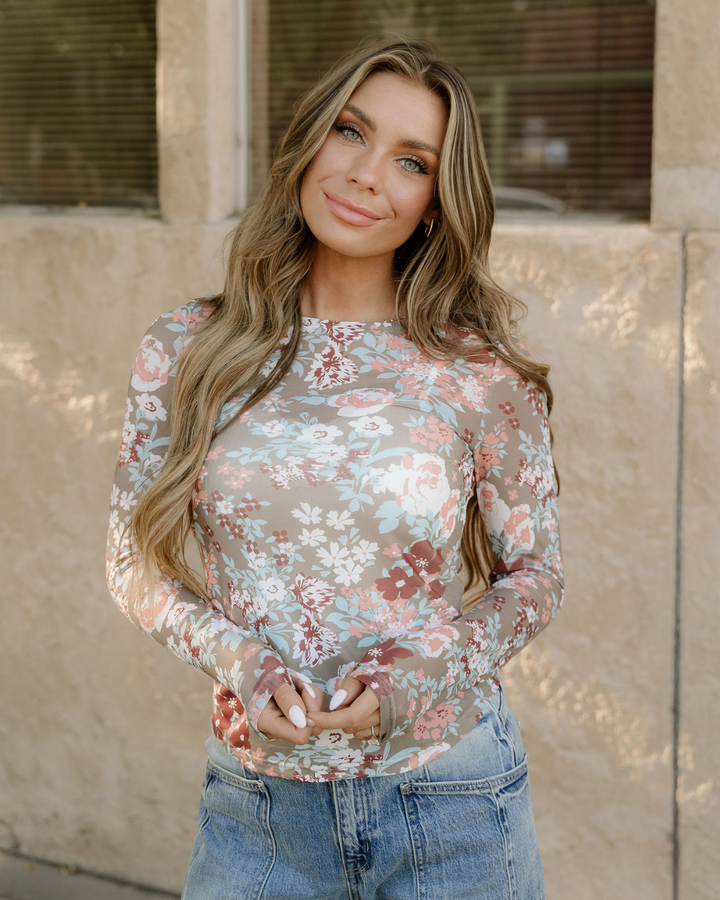 Green Floral Print Mesh Long Sleeve Top
