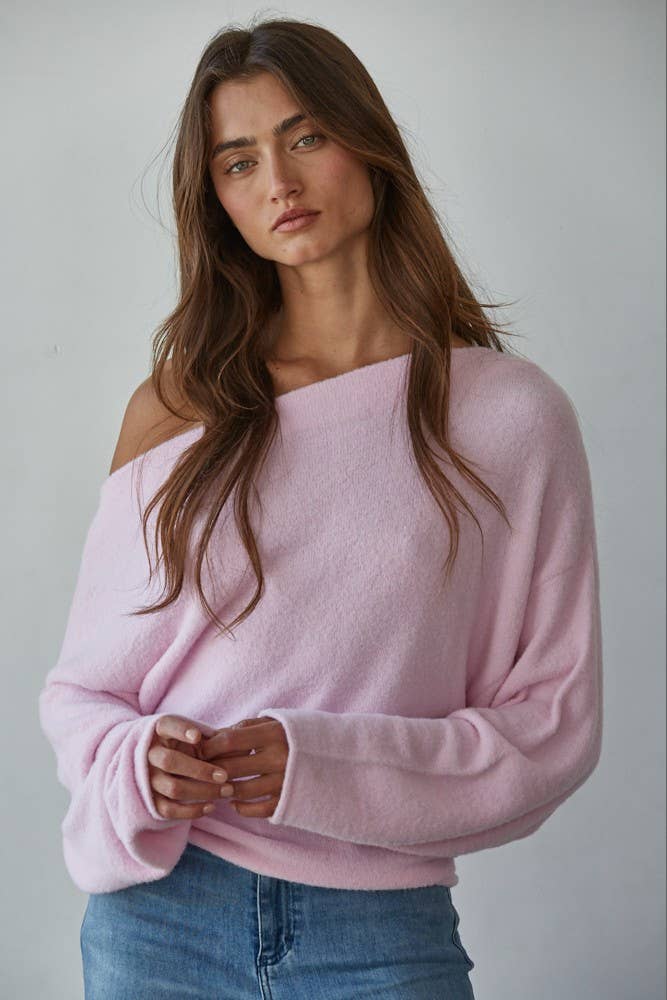 Pink Sweater Boat Neck Off Shoulder Top