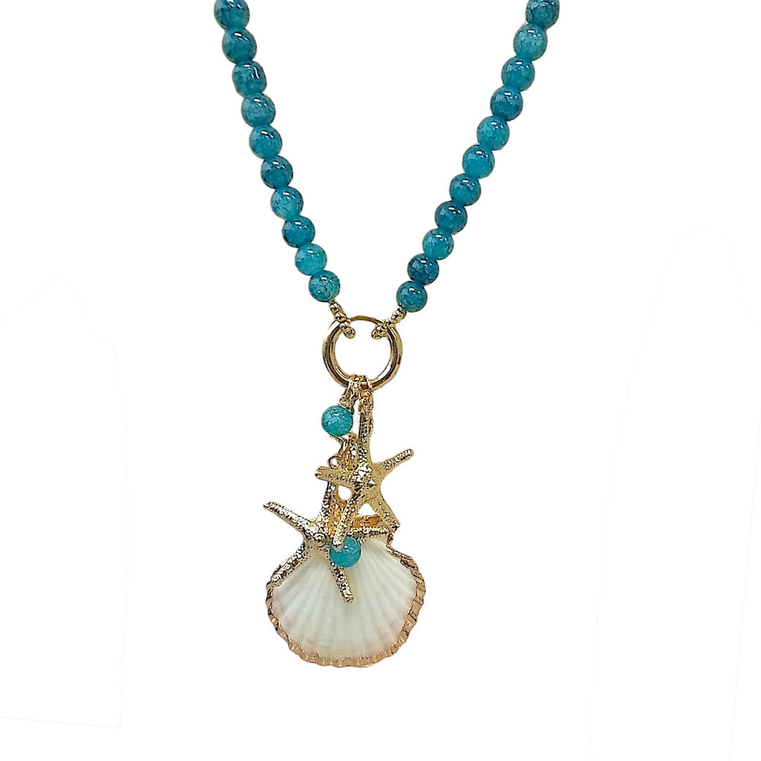 Blue Bead Long Necklace with Shell Design