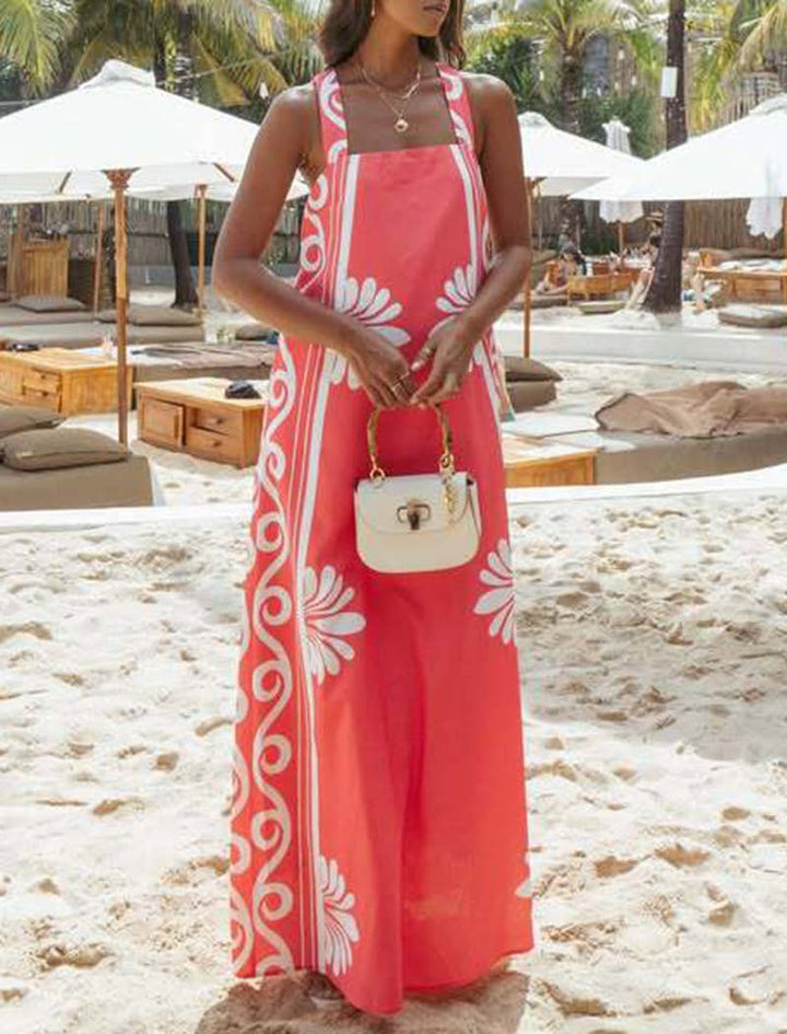 Coral  White Maxi Dress with Design