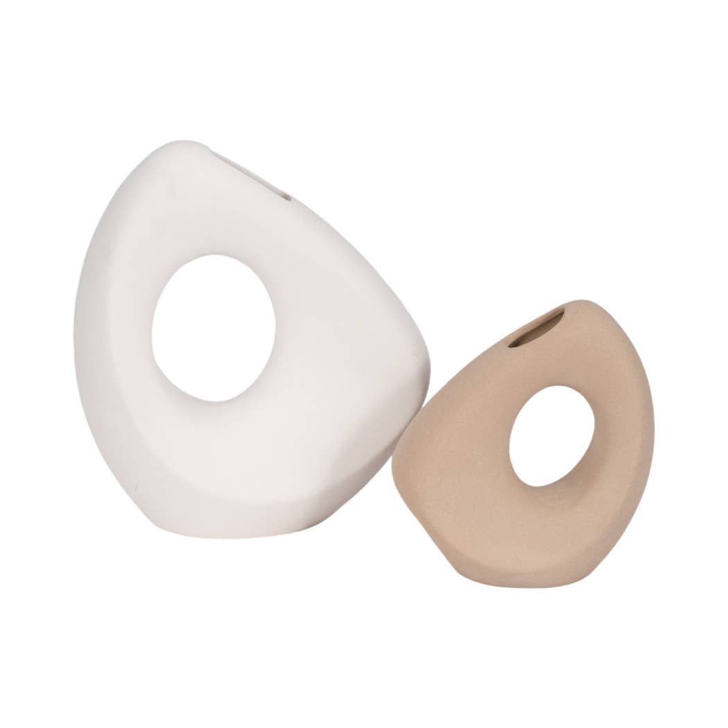 Tan 8 in. Ceramic Lopsided Open Cut-Out Vase Sand Texture