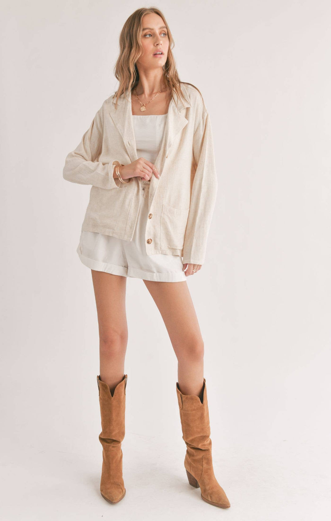 Linen Blend Jacket With Pockets: OATMEAL