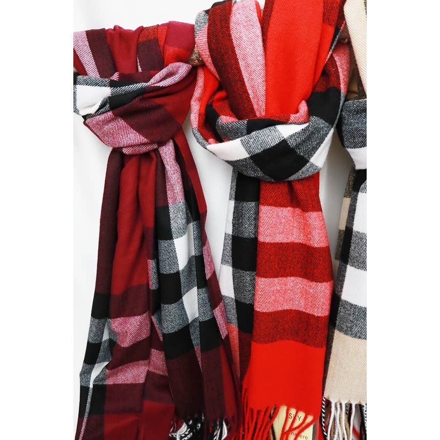 Camel Wool Plaid Cashmere Scarf With Tassel