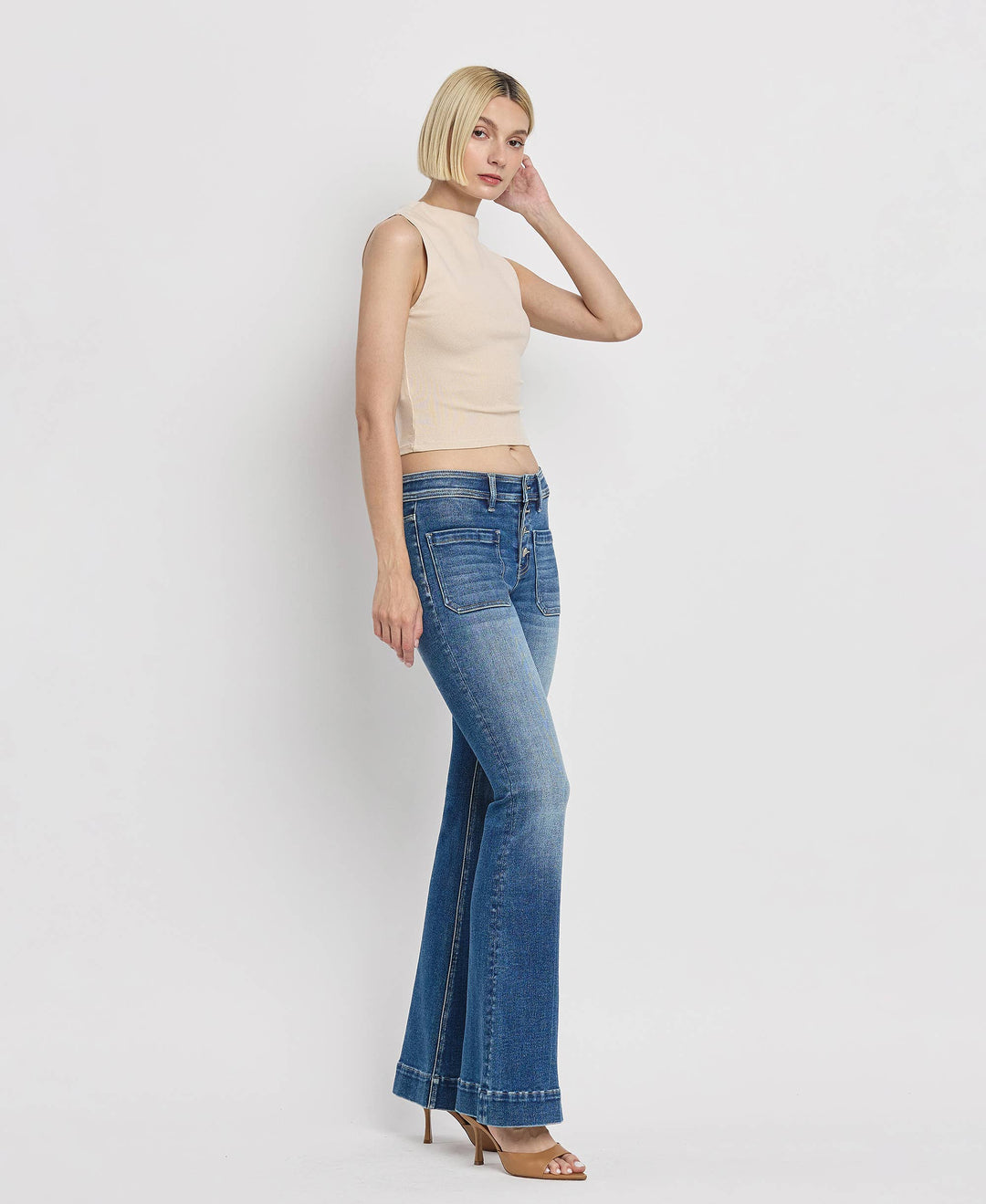 Mid Rise Patch Pocket  Flare Jean