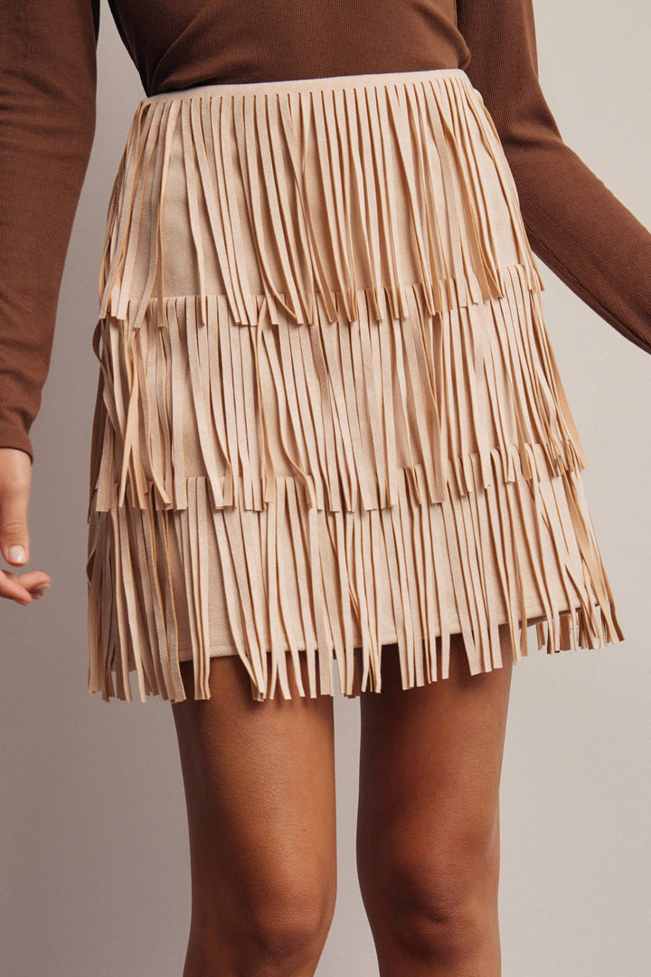 Tiered Fringe Stretch Suede Mini Skirt