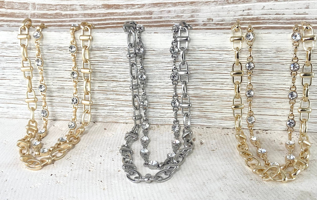 Equestrian linked chain layering crystal necklaces 