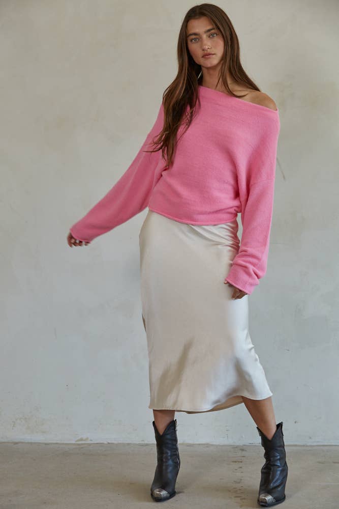 Pink Sweater Boat Neck Off Shoulder Top